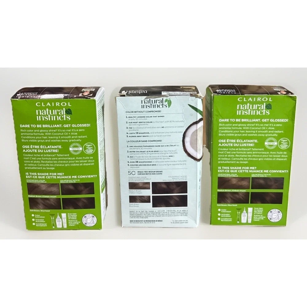 Lot Of 3 Clairol Natural Instincts Hair Color 5C Brass Free Medium Brown Vegan
